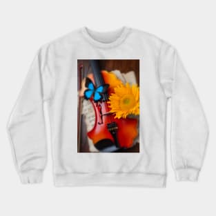 Blue Butterfly On Baroque Violin With Sunflower Crewneck Sweatshirt